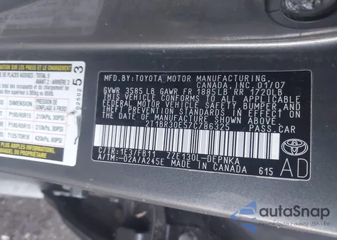 2007 Toyota Corolla Le from USA, damaged, VIN 2T1BR30E57C786325